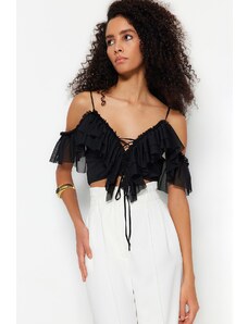 Trendyol Black Crop Knitted Frilly Blouse