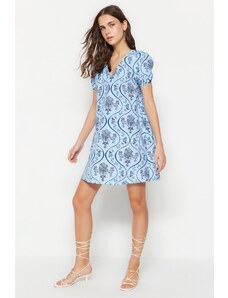 Trendyol Blue Wide Cut țesute florale model mini rochie țesută