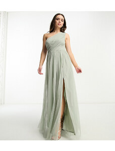 Anaya Petite Bridesmaid tulle one shoulder maxi dress in sage green