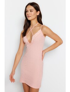 Trendyol Powder Cotton Lace and Tie Detailed Ribbed Knitted Nightdress with Strap