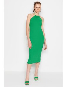 Trendyol Green Halterneck Fitted Ripple Flexible Midi Knit Dress