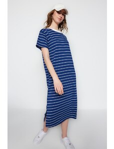 Trendyol Navy Blue Striped Shift/Plain Maxi Knit Dress with Slit Detail