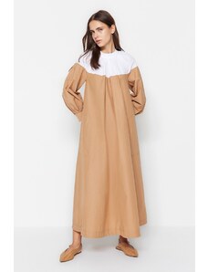 Trendyol Camel Color Block Shirring și Pocket Detail Wide fit, Rochie țesută din bumbac
