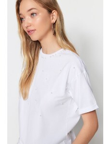 Trendyol White Half Sleeve Knitted T-shirt with Pearl Detailed