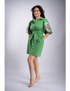 Ivana Rochie verde tip camasa cu maneci brodate cu model traditional LARA