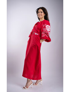 Ivana Rochie lunga rosie cu maneci brodate cu model traditional CLAIRE