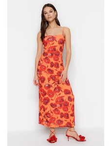 Trendyol portocaliu florale model pătrat guler maxi stretch rochie tricotată