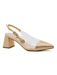 Pantofi dama decupati Menbur, roz aurii cu strasuri MEN23829