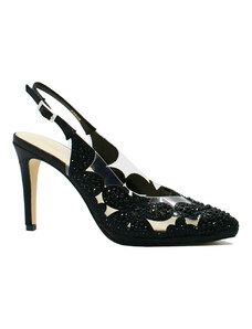 Pantofi decupati Menbur, negri cu toc stiletto si model floral cu cristale MEN23640