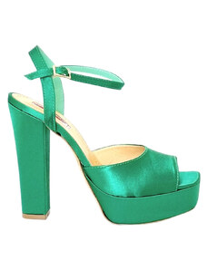 Sandale dama din piele naturala si satin cu platforma, Toc inalt si gros, Verde- Spaziomoda, Dame Rado Smeraldo