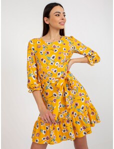 Fashionhunters Dark yellow floral dress with tie and ruffle