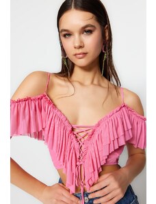 Trendyol Pink Crop Knitted Peplum Blouse