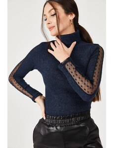 armonika femei bleumarin gât mâneci dantelă detaliu tricotaje pulover