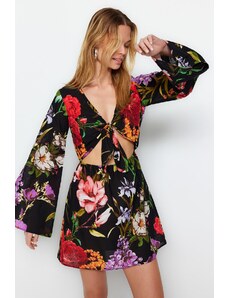 Trendyol Floral Patterned Mini Non-woven Tie 100% Cotton Beach Dress