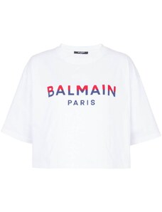 Balmain flocked-logo cropped organic-cotton T-shirt - White