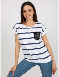Fashionhunters White and dark blue striped blouse with decorative pocket