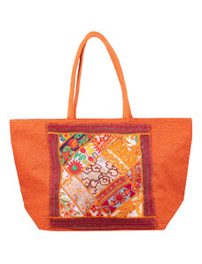 Shopika Geanta portocalie din material textil natural tip sac, cu aplicatie unicat, brodata manual