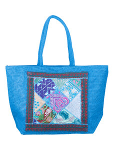 Shopika Geanta albastra din material textil natural tip sac, cu aplicatie unicat, brodata manual