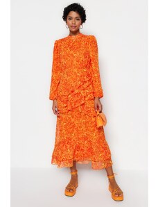 Rochie din sifon țesut căptușită cu frișcă Trendyol Frill cu o fustă florală portocalie