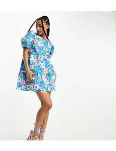 JDY Petite exclusive puff sleeve mini smock dress in print blue & pink floral