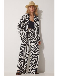 Happiness İstanbul Women's Black and White Patterned Viscose Shirt and Pants Suit