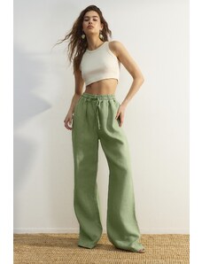 Trendyol Green 100% Pantaloni cu talie înaltă cu talie largă cu talie elastică.
