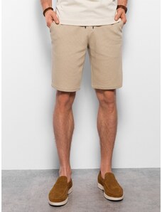 Ombre Clothing Men's knitted shorts with decorative elastic waistband - beige V3 OM-SRCS-0110