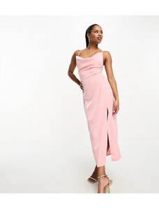 In The Style Petite exclusive satin cowl neck tie back maxi dress in soft pink