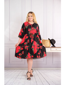Distribuit de FashionLook Rochie neagra midi boho chic cu imprimeuri florale rosii