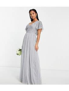 Beauut Petite Bridesmaid emellished bodice maxi dress with flutter sleeve in grey