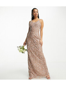 Beauut Petite Bridesmaid allover embellished maxi dress with floral embroidery in taupe-Neutral