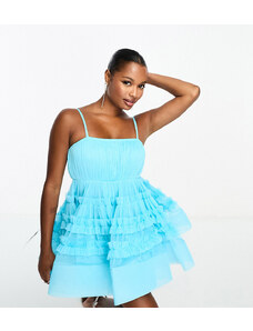 Lace & Beads Petite empire tulle mini dress in bright blue