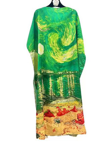 Shopika Rochie verde de plaja lunga tip poncho din matase cu reproducere dupa Noapte Instelata deasupra Rhonului de Claude Monet