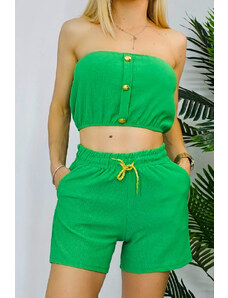 FashionForYou Compleu bumbac Eclipsing, cu pantaloni scurti si top cu detalii aurii metalice, Verde smarald (Marime: S)