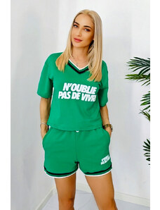 FashionForYou Compleu sport Attitude, bumbac, cu pantaloni scurti si tricou cu imprimeu, Verde (Marime: S)