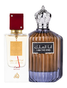 Lattafa Pachet 2 parfumuri Best Seller, Ana Abiyedh Rouge 60 ml pentru ea si I am The King 100 ml pentru el