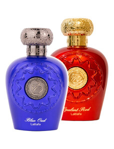 Lattafa Pachet 2 parfumuri Best Seller, Blue Oud 100 ml pentru el si Opulent Red 100 ml pentru ea