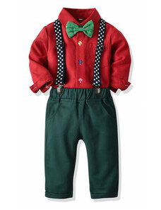 SuperBaby Costum elegant pentru baietei cu camasuta visinie si papion verde