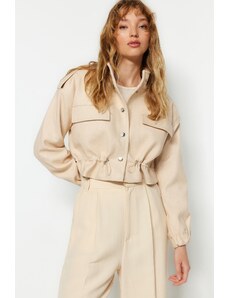 Trendyol oversized ecru wide-cut smocking detaliu timbru haină
