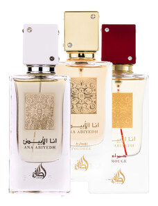Lattafa Pachet 3 parfumuri best seller, Ana Abiyedh White 60 ml, Ana Abiyedh Rouge 60 ml si Ana Abiyedh Poudree 60 ml