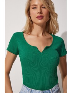 Happiness İstanbul Women's Vivid Green Heart Neck Ribbed Crop Knitted Blouse