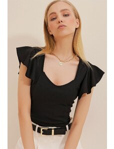 Trend Alaçatı Stili Women's Black V-Neck Crop Top with Ruffled Sleeves