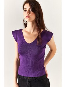 Olalook Women's Purple Shoulder And Skirt Detailed Front Back V Knitwear Blouse
