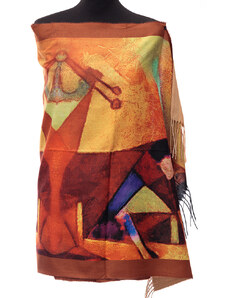 Shopika Esarfa din casmir pictura abstracta in culori intense de caramiziu si camel