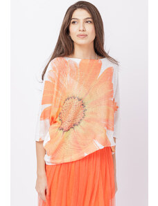 Shopika Bluza cu maneca fluture si imprimeu floare mare portocalie