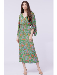 Boho Fashion Rochie lunga din matase indiana cu maneca ampla si imprimeu arabesque verde-corai