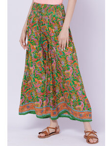 Boho Fashion Fusta pantalon ampla din matase indiana cu imprimeu floral pe fond verde
