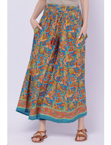 Boho Fashion Fusta pantalon ampla din matase indiana cu imprimeu floral pe fond albastru