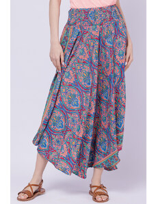 Boho Fashion Fusta ampla din matase indiana cu flori roz si albastre pe fond bordo