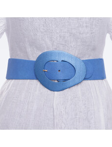 Shopika Curea din piele ecologica albastra cu catarama neregulata metalica si elastic la spate